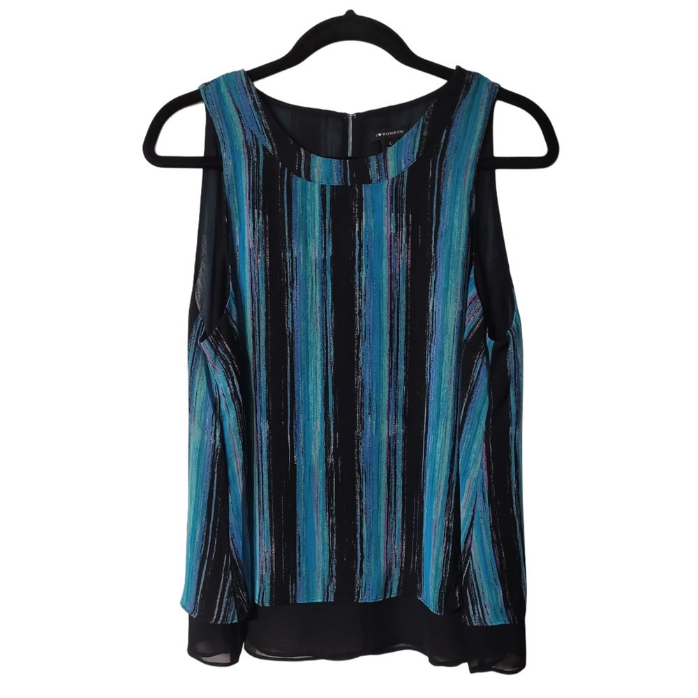 I Heart Ronson Teal and Black Striped Tank Top Size Large